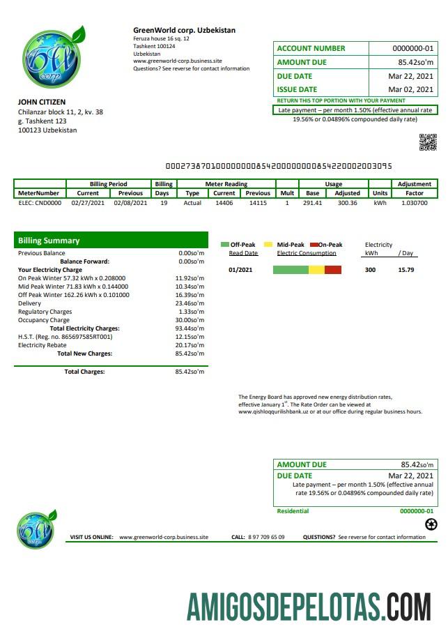 realista Modelo de conta de serviços públicos GreenWorld do Uzbequistão em formato Word e PDF (.doc e .pdf), totalmente editável
